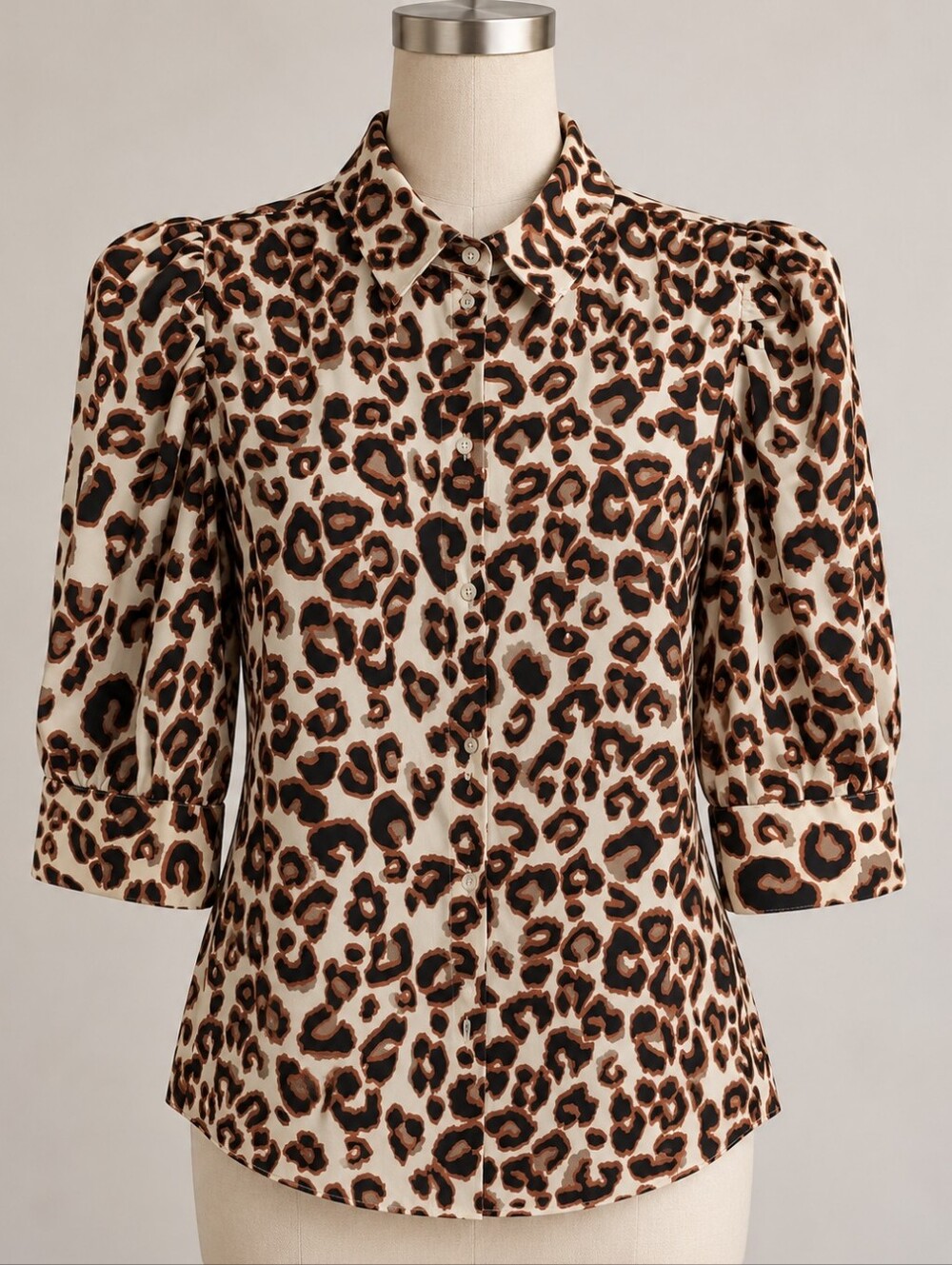 Tamara H. Leopard Print Puff Sleeve Button-Up Blouse Size M